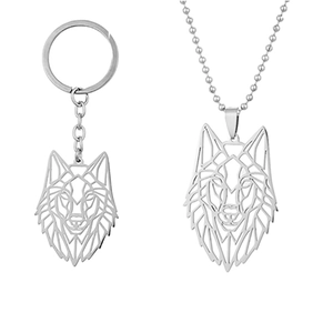 Silver geometric wolf head necklace and keychain set for men in stainless steel style