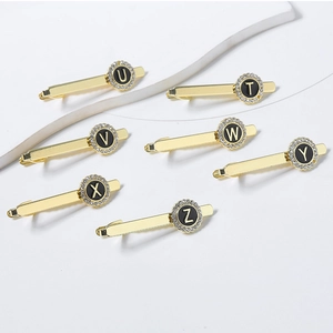 Gold round necktie clips with crystal rhinestones and English letters for men