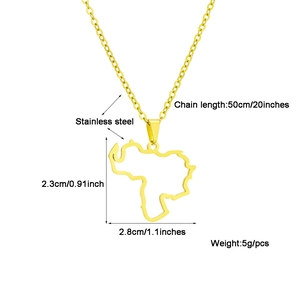 Detail showing dimensions of gold Venezuela map necklace made of stainless steel