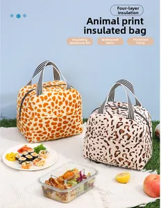 Détail de sacs à lunch isothermes à motifs animaliers avec poignées et doubles zips