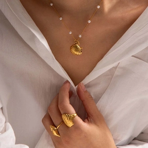 French ocean pearl starfish and shell necklace set with matching open ring for women