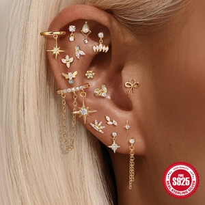 S925 sterling silver gold ear piercing set with zircon stars and butterfly charms