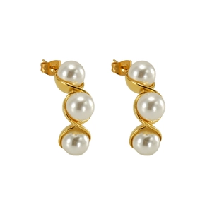 Elegant gold stainless steel pea pod earrings featuring three white pearls on white background