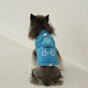 Blue corduroy pet vest with 3D bear decor and D-ring for dogs in winter season