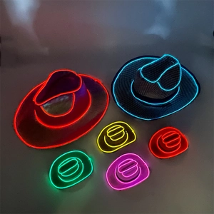 Detail showing various sizes and vibrant LED neon colors of the cowboy party hats