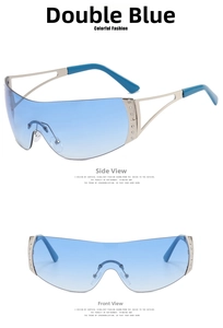 Detailansicht der randlosen Y2K-Sonnenbrille mit hellblauen Verlaufsgläsern und Strass