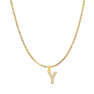 Detail shot of a delicate gold chain necklace featuring a sparkling crystal paved Y pendant
