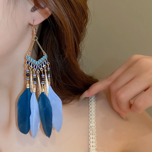 Macro view of Bohemian feather earrings with blue beads and vintage gold tassels