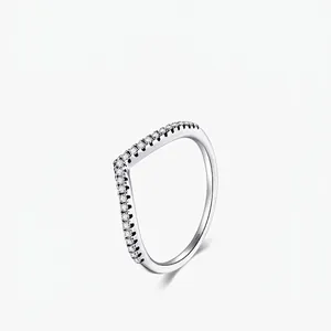 Minimalist S925 sterling silver V-shape ring featuring dainty pavé-set diamonds