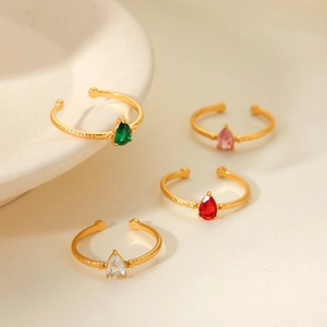 18k gold plated stainless steel adjustable rings with teardrop cubic zirconia and hammer texture