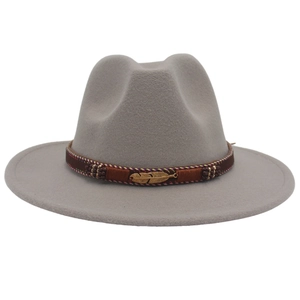 Dark grey felt fedora hat with wide brim, decorative woven band and gold feather buckle