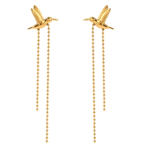 Polished golden stainless steel hummingbird earrings with elegant tassel bead chains