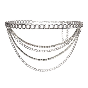 Elegant multilayer silver waist chain with rhinestones for dresses, adjustable metal body belt