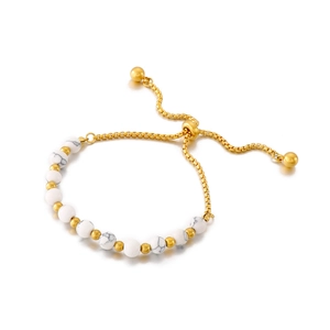 Bracelet à chaîne ajustable dorée avec perles en marbre blanc et billes en métal poli