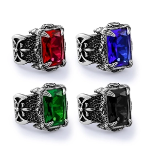 Retro stainless steel dragon claw rings with square gemstones in four colors