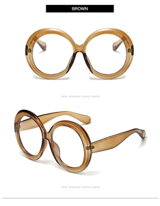 Detailed views of round oversized brown tortoiseshell frames with a polished finish