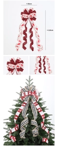Detail of Christmas tree topper bow with red elk print and checkered ribbons 30x110cm