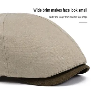 Summer retro newsboy cap for men with khaki canvas and wide brim sun protection