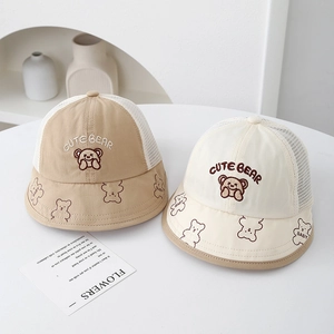 Cute bear embroidered baby sun hat with breathable mesh design in khaki and beige tones