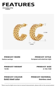 Detailed dimensions of 18K gold plated C-shaped twisted earrings in stainless steel