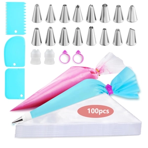 Complete 123pcs baking set with 16 stainless steel nozzles and 100 disposable piping bags