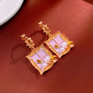 Vintage French style gold square hoop earrings with purple enamel, pearls and leaves