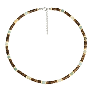 Coconut shell bead necklace with green tiger eye stones and silver lobster clasp