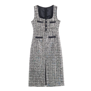 Sleeveless Tweed Sequin Dress Square Neck Button Front Bodycon Knee Length Elegant Party Evening Lady Clubwear Sexy Chic