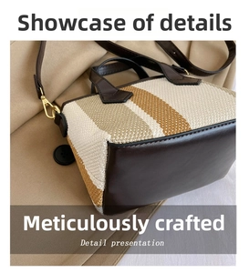 Macro detail of striped canvas weaving with premium leather bottom on small crossbody bag