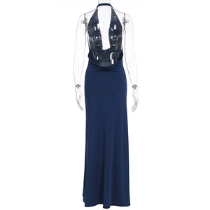 Detail of the deep navy blue halter neck maxi dress showing its elegant open back design