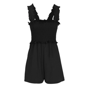 Detail of black smocked romper showing ruffled shoulder straps and elastic chest texture