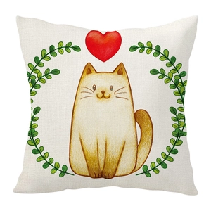 Linen cushion cover with cute cartoon cat and red heart design for sofa decor