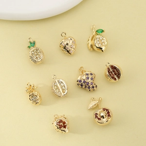Set of nine 18K gold plated copper fruit pendants with colorful cubic zirconia stones