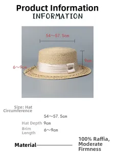 Size chart for 100% raffia sun hat showing head size 54-57.5cm and 9cm crown height