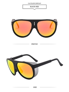Detail view of black retro sports sunglasses with red-orange iridescent lenses