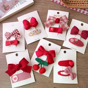 Lot Barrettes Nœud Plaid Rouge Femmes Enfants Fait Main Broderie Cerise Cœur Tissu Accessoires Cheveux Nouvel An