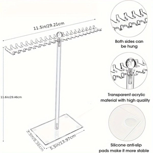 Clear acrylic necklace display stand with dual hooks and base dimensions shown on white background