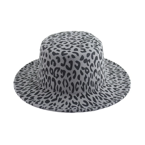 Flat top leopard print wool felt fedora hat for women with grey and black animal patterns