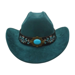 Detail of embroidered floral band with turquoise stone on dark cyan jazz hat