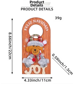 Detailed Christmas bear door hanger with JOY letters and Feliz Navidad greeting wooden sign