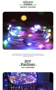 Macro detail of multi-color LED copper wire fairy lights with flickering mode