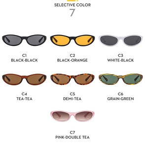 Detail view of seven color variants of cat eye sunglasses on a white background