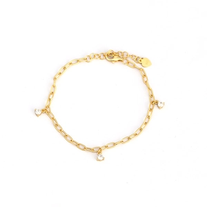 Gold-plated S925 sterling silver paperclip chain bracelet with three round cubic zirconia