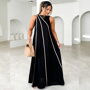 Elegant sleeveless black maxi dress with beige diagonal stripes and a loose A-line fit