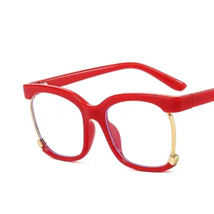Fashionable red square anti-blue light glasses with gold metal trim and glossy finish