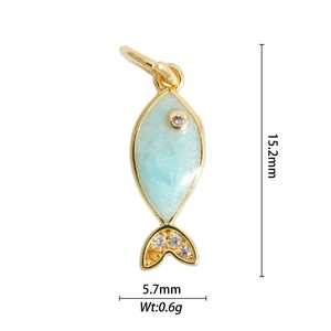 Detailed view of blue enamel fish pendant with dimensions 15.2mm by 5.7mm and 0.6g weight