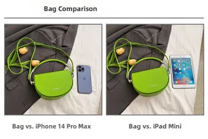 Size comparison of green saddle bag with iPhone 14 Pro Max and iPad mini