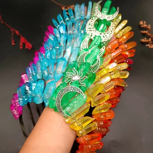Bohemian rainbow crystal headband set with celestial moon and sun metal ornaments