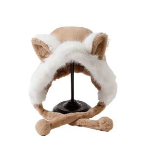 Plush fox ear winter hat with warm earflaps and pom-poms in beige and white faux fur