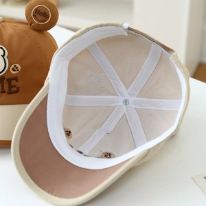 Kids cartoon baseball cap with bear ears and embroidery in brown and beige colors